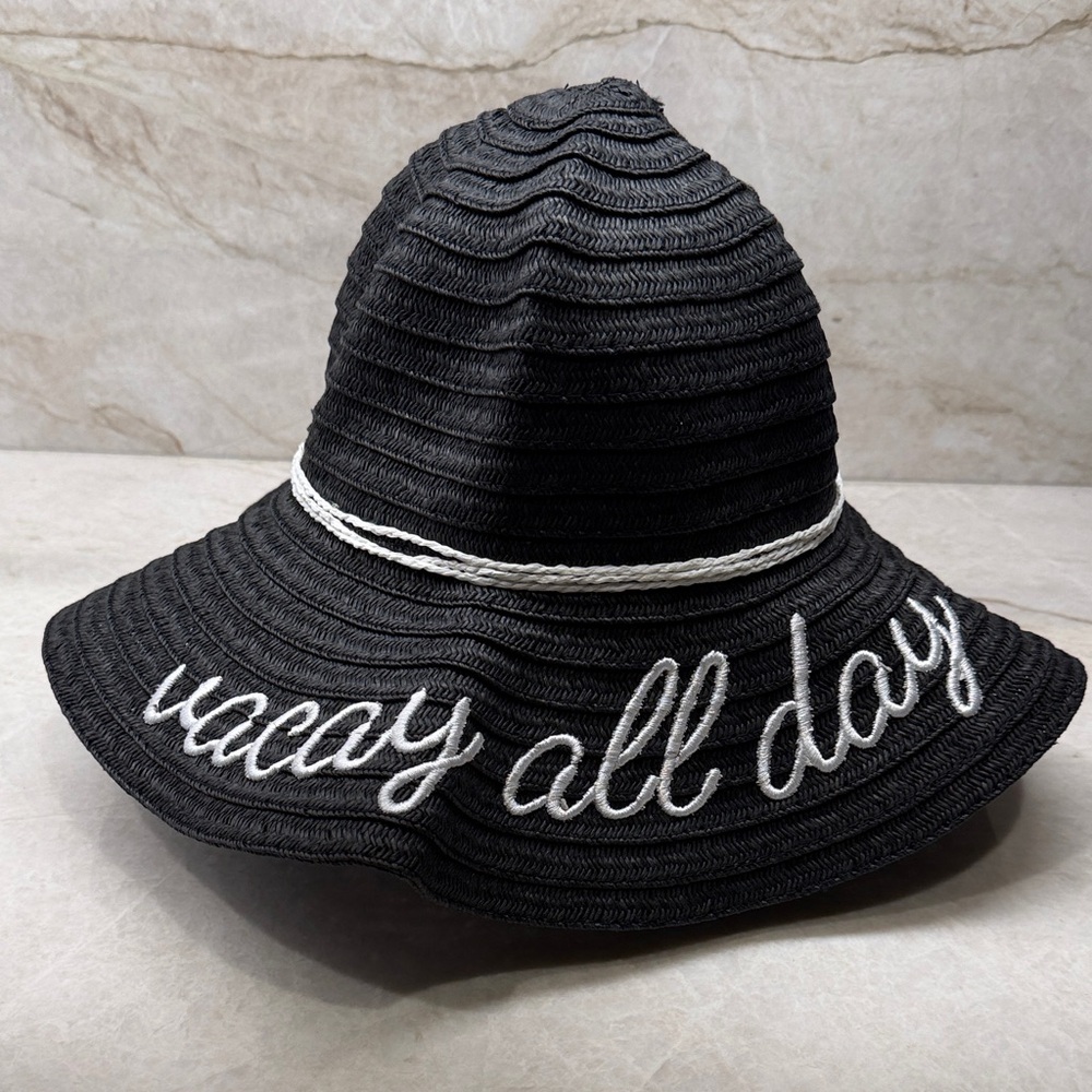 🆕 Black Floppy Sun Hat with White vacay all day